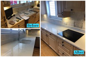 Before and after of marble kitchen counters