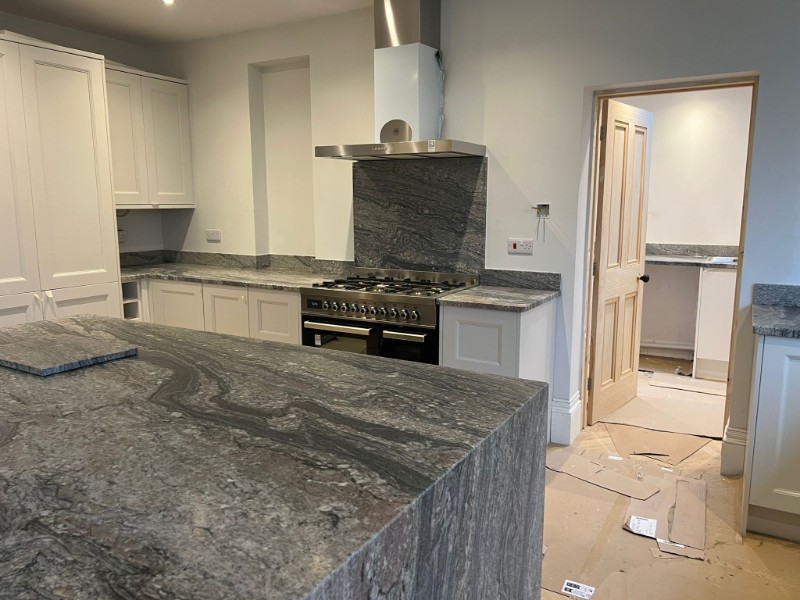 grey kitchen island worktop & backsplash