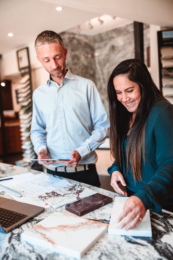 Customer choosing marble and quartz